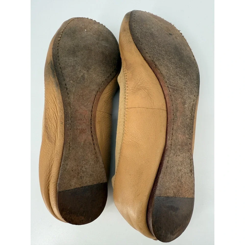 Tory Burch Reva Ballet Flats Size 7.5M Tan Leather Gold Logo Classic Preppy Chic